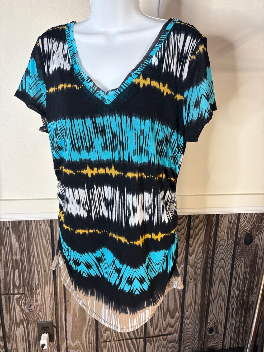 INC International Concepts Tie-Dye V-Neck Top - Black, Teal, White & Yellow